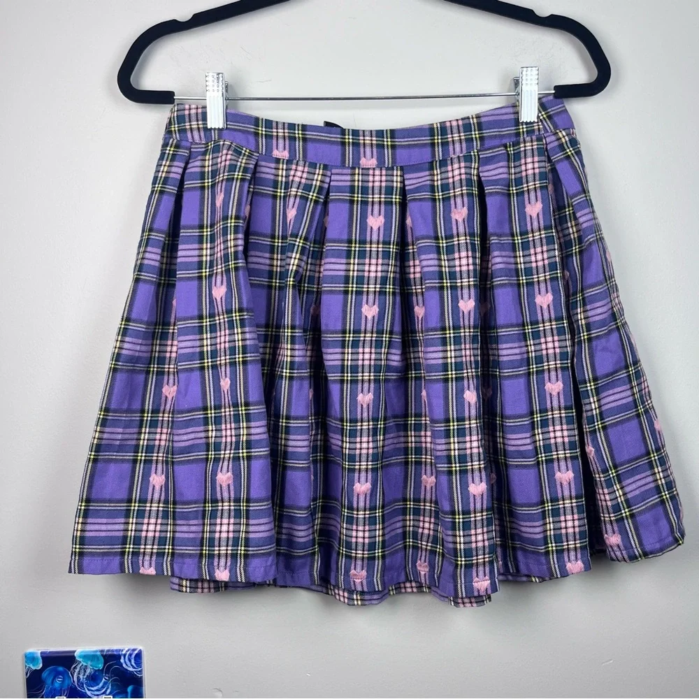 HOT TOPIC Skater Purple Plaid Pink Embroidery Hearts School Girl Skirt Large